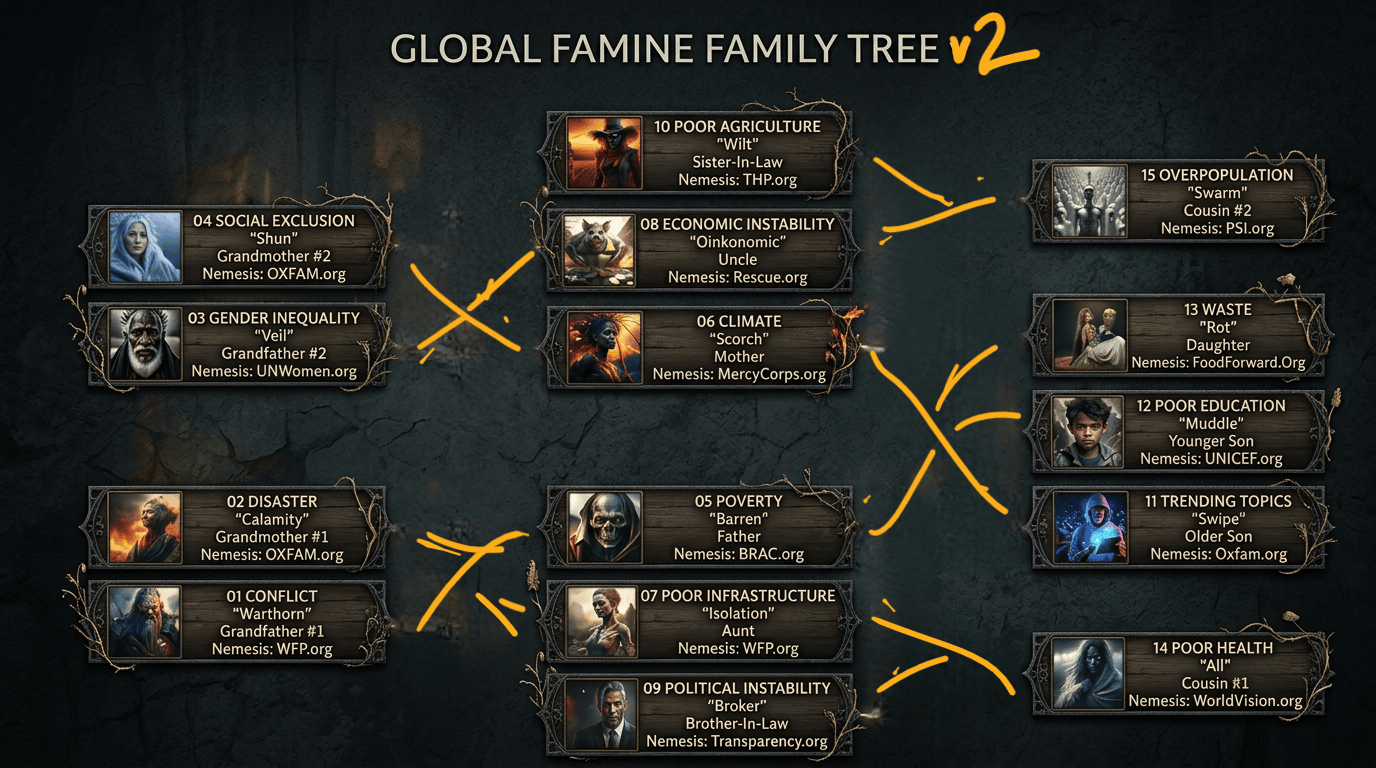 Global Famine Family Tree showing the connected causes of hunger